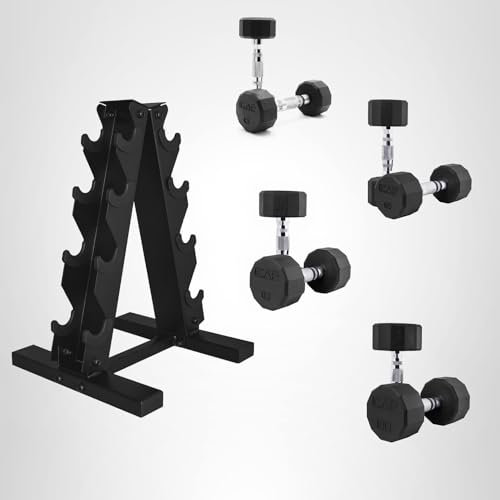 CAP Barbell Rubber Coated Dumbbell Weight Set with Vertical Rack | 100 lb, 150 lb, and 210 lb Options