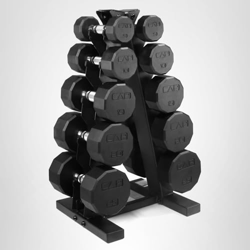 CAP Barbell Rubber Coated Dumbbell Weight Set with Vertical Rack | 100 lb, 150 lb, and 210 lb Options