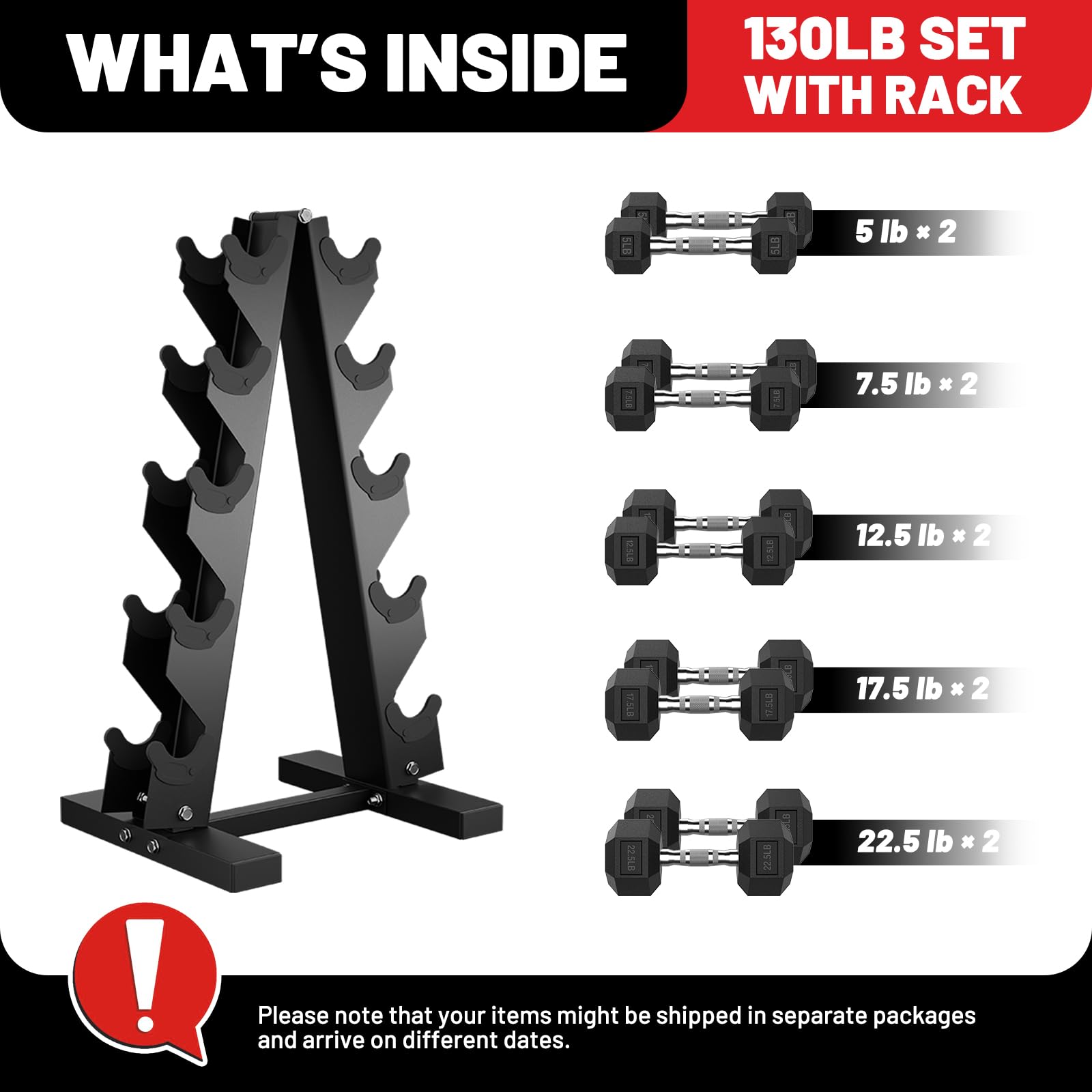 PAPABABE Dumbbell Set with Rack, Rubber Encased Hex Dumbbell Free Weights Dumbbells Set with Storage Rack, Home Weight Set