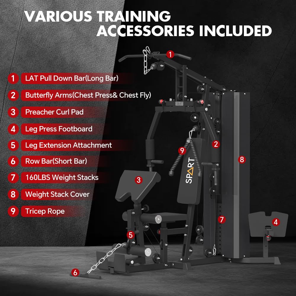 SPART Multi Gym Machine For Home Gym Station, Multi Workout Machines For Home Gym, with 160LBS Weight Stack for Leg Press & Chest Fly, All in One Workout Machine Full Body Strength Training with Pulley System