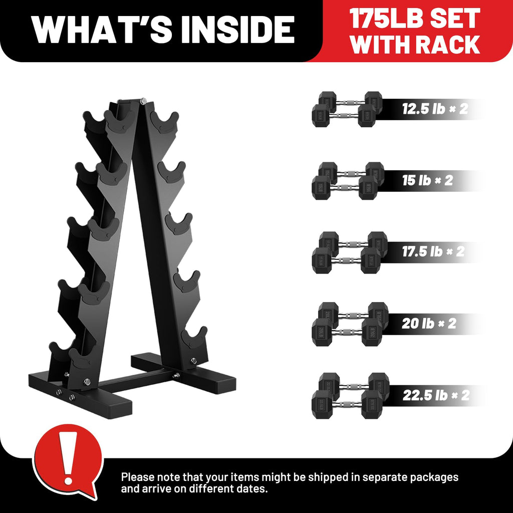 PAPABABE Dumbbell Set with Rack, Rubber Encased Hex Dumbbell Free Weights Dumbbells Set with Storage Rack, Home Weight Set