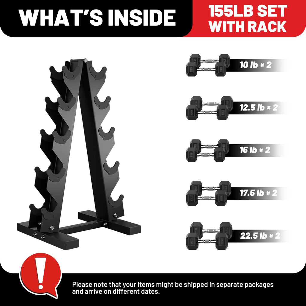 PAPABABE Dumbbell Set with Rack, Rubber Encased Hex Dumbbell Free Weights Dumbbells Set with Storage Rack, Home Weight Set