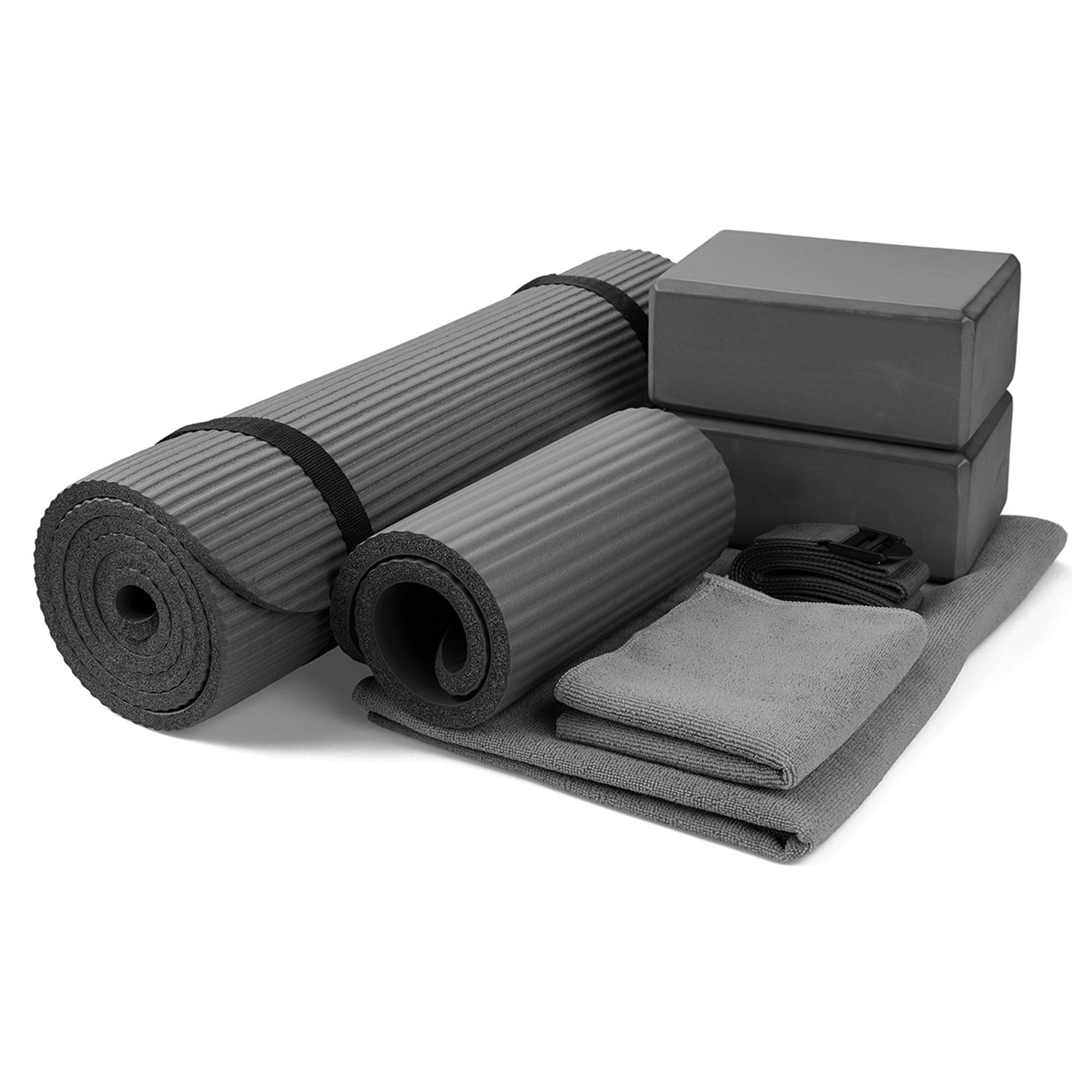 Master your yoga practice anywhere with the BalanceFrom 7-Piece Yoga Set – extra-thick mat, blocks, strap, towels, and knee pad for comfort, stability, and complete support at home or on-the-go.