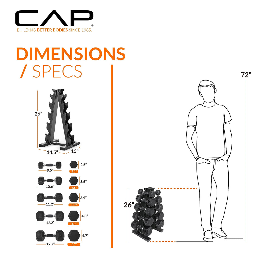 CAP Barbell Rubber Coated Dumbbell Weight Set with Vertical Rack | 100 lb, 150 lb, and 210 lb Options