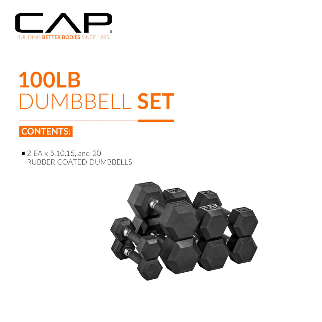 CAP Barbell Rubber Coated Dumbbell Weight Set with Vertical Rack | 100 lb, 150 lb, and 210 lb Options