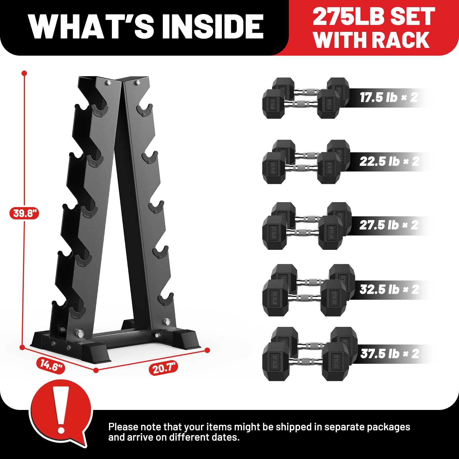 PAPABABE Dumbbell Set with Rack, Rubber Encased Hex Dumbbell Free Weights Dumbbells Set with Storage Rack, Home Weight Set