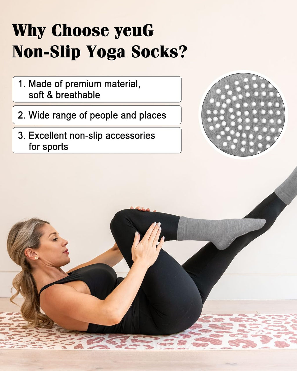 Stay safe, stable, and stylish with non-slip Pilates socks—breathable, cushioned, and perfect for yoga, barre, studio workouts, or home use. Comfort and grip in every step.