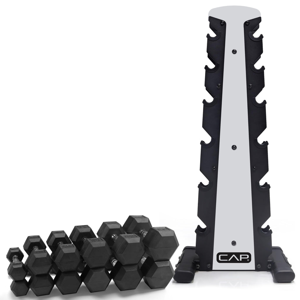 CAP Barbell Rubber Coated Dumbbell Weight Set with Vertical Rack | 100 lb, 150 lb, and 210 lb Options