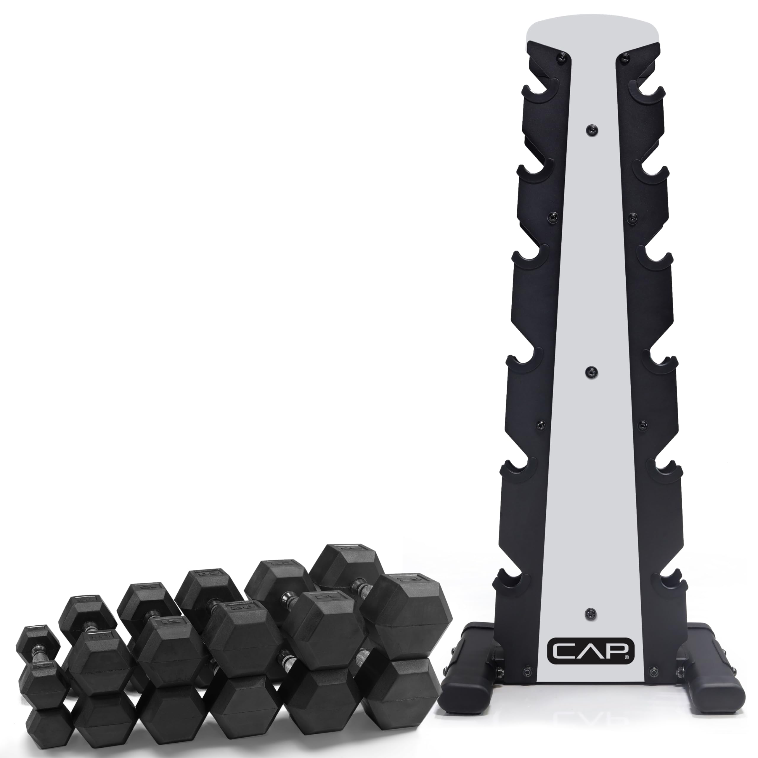 CAP Barbell Rubber Coated Dumbbell Weight Set with Vertical Rack | 100 lb, 150 lb, and 210 lb Options