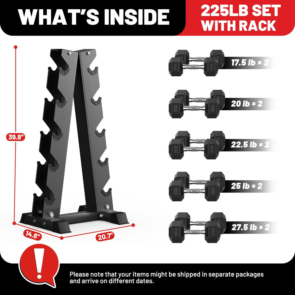 PAPABABE Dumbbell Set with Rack, Rubber Encased Hex Dumbbell Free Weights Dumbbells Set with Storage Rack, Home Weight Set