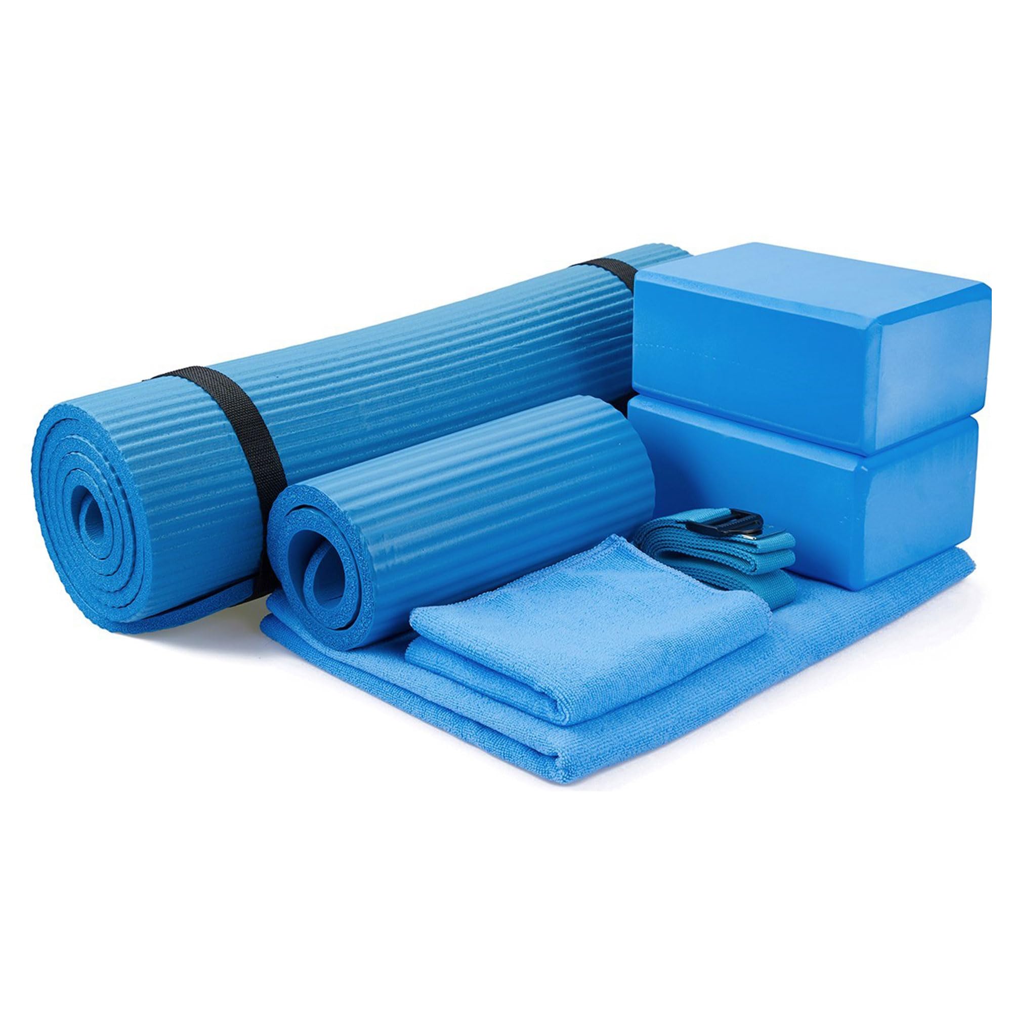 Master your yoga practice anywhere with the BalanceFrom 7-Piece Yoga Set – extra-thick mat, blocks, strap, towels, and knee pad for comfort, stability, and complete support at home or on-the-go.