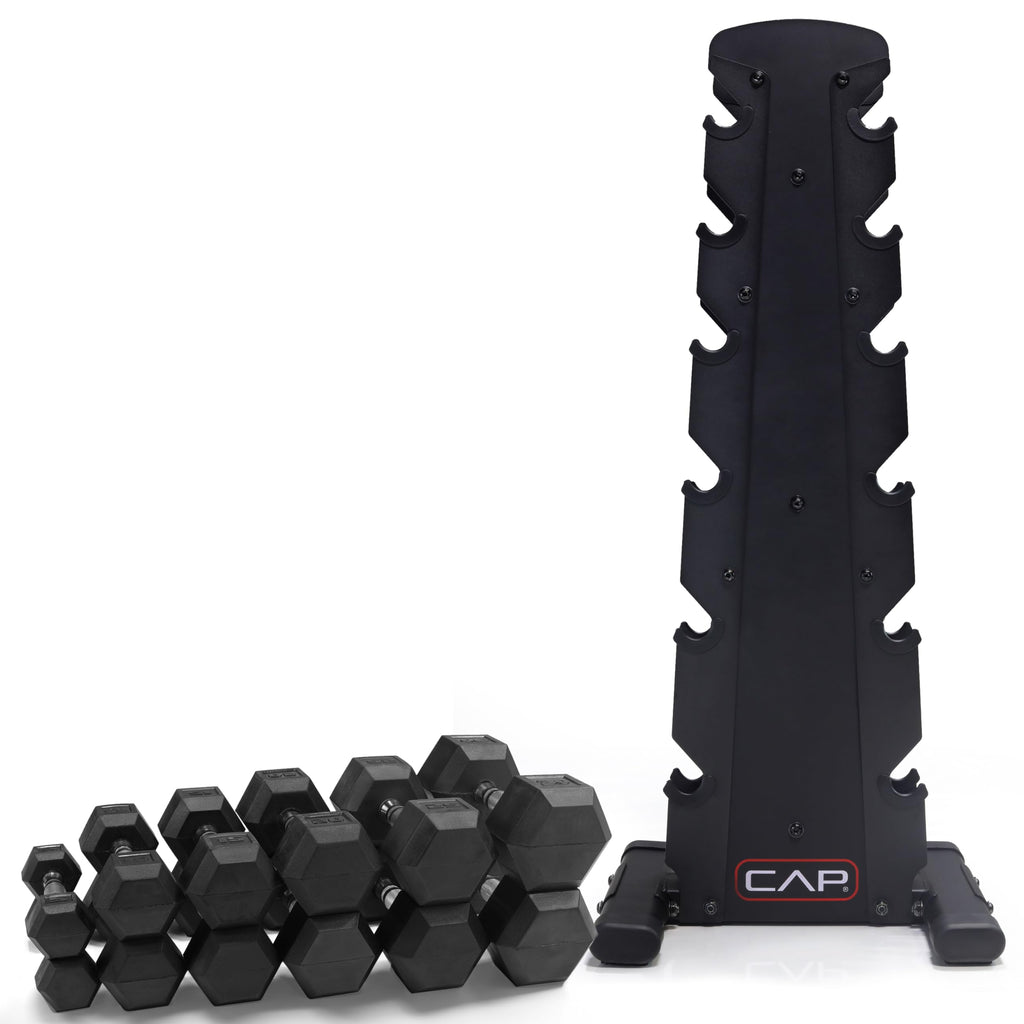 CAP Barbell Rubber Coated Dumbbell Weight Set with Vertical Rack | 100 lb, 150 lb, and 210 lb Options