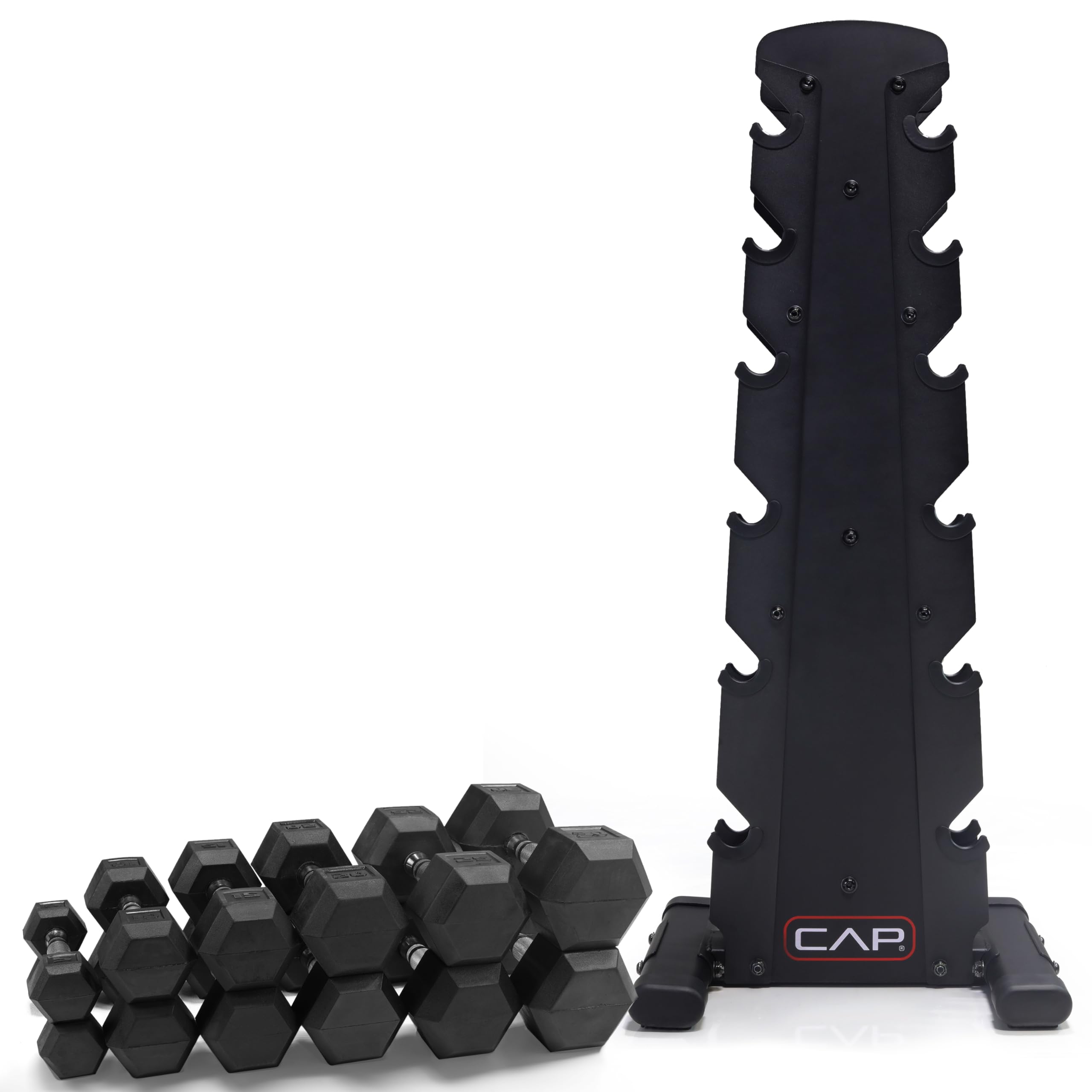 CAP Barbell Rubber Coated Dumbbell Weight Set with Vertical Rack | 100 lb, 150 lb, and 210 lb Options
