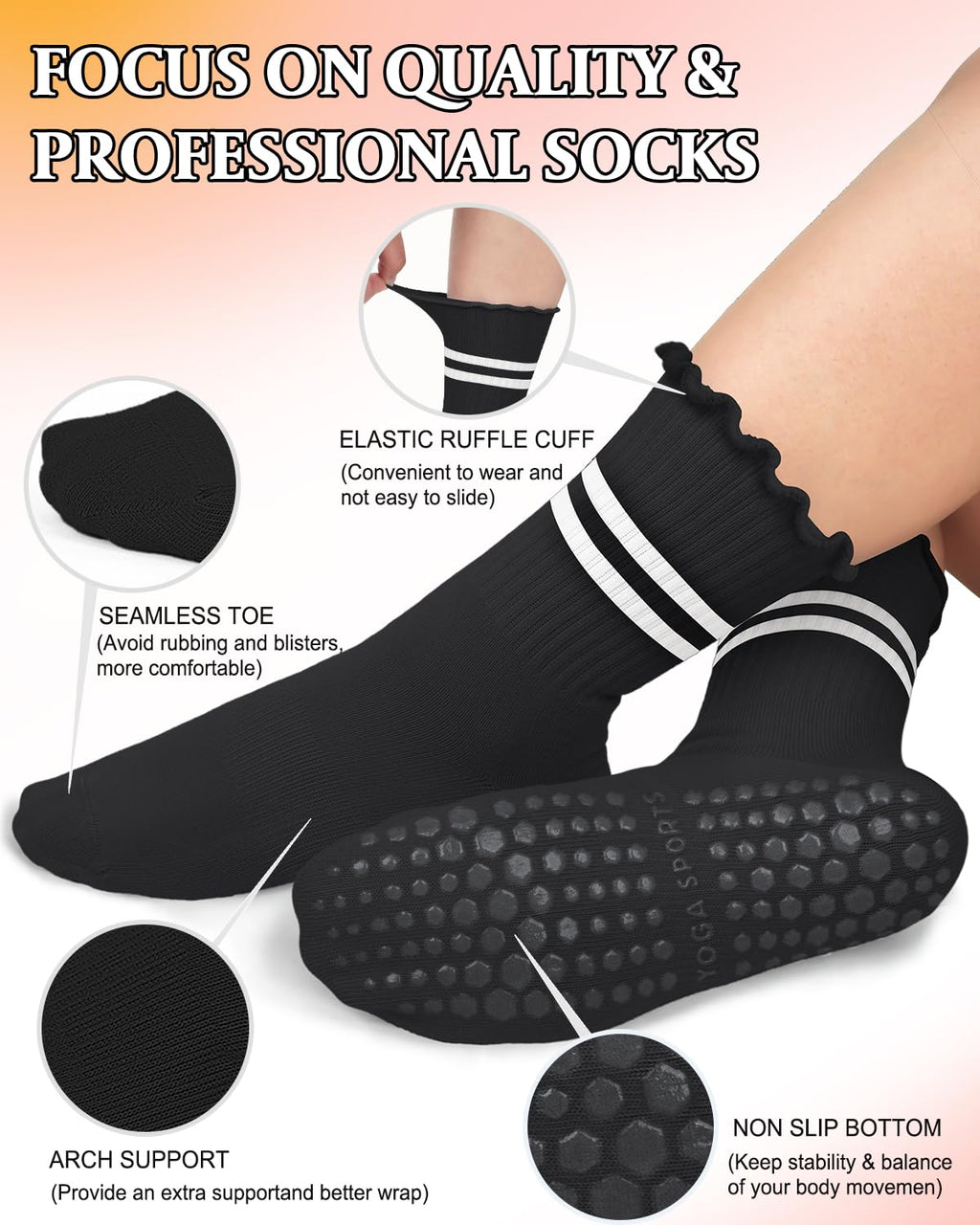 Stay safe, stable, and stylish with non-slip Pilates socks—breathable, cushioned, and perfect for yoga, barre, studio workouts, or home use. Comfort and grip in every step.