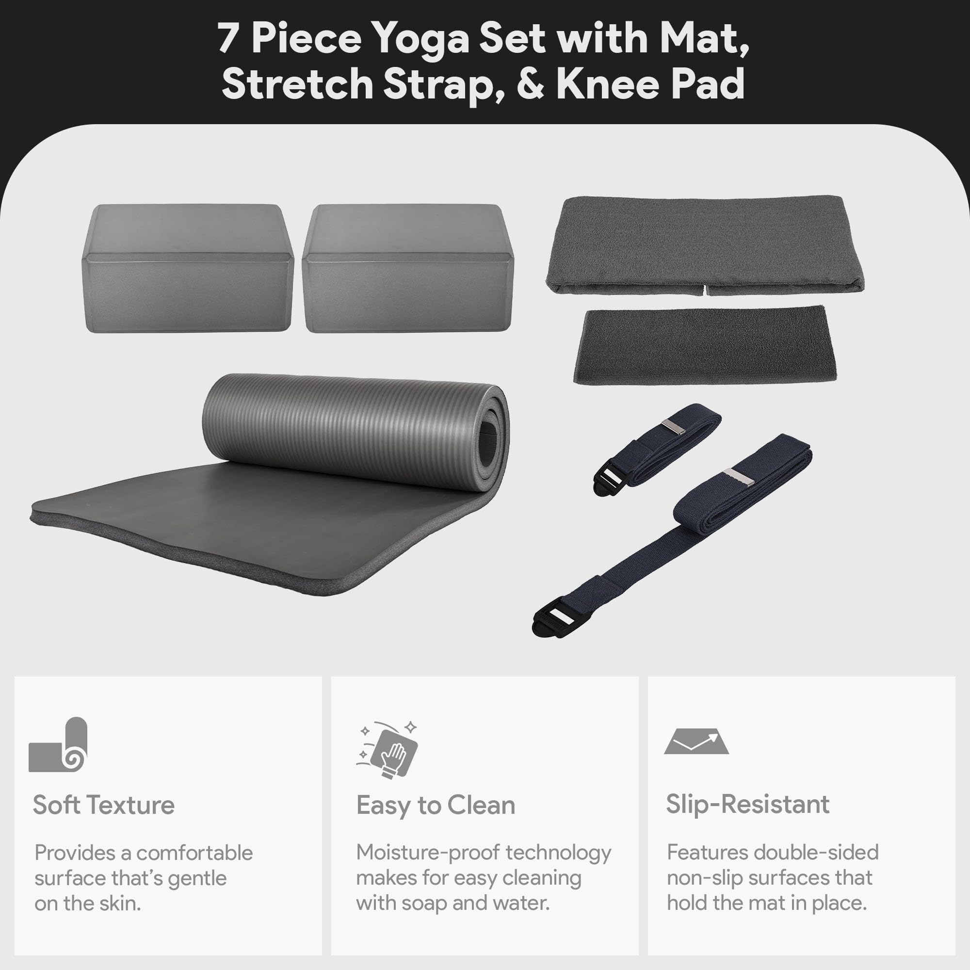 Master your yoga practice anywhere with the BalanceFrom 7-Piece Yoga Set – extra-thick mat, blocks, strap, towels, and knee pad for comfort, stability, and complete support at home or on-the-go.