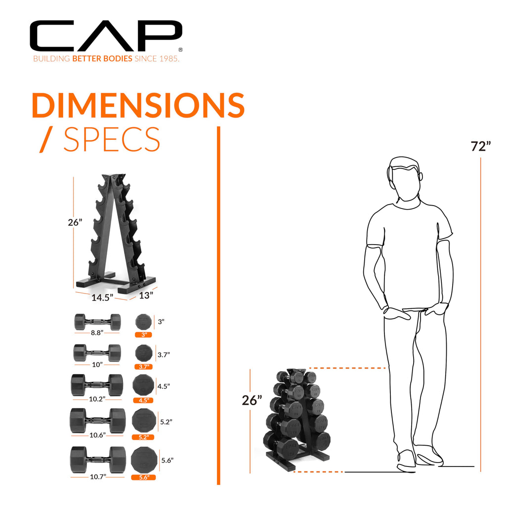 CAP Barbell Rubber Coated Dumbbell Weight Set with Vertical Rack | 100 lb, 150 lb, and 210 lb Options