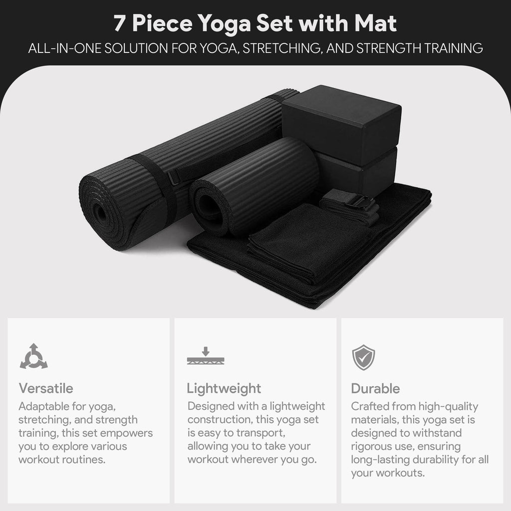 Master your yoga practice anywhere with the BalanceFrom 7-Piece Yoga Set – extra-thick mat, blocks, strap, towels, and knee pad for comfort, stability, and complete support at home or on-the-go.