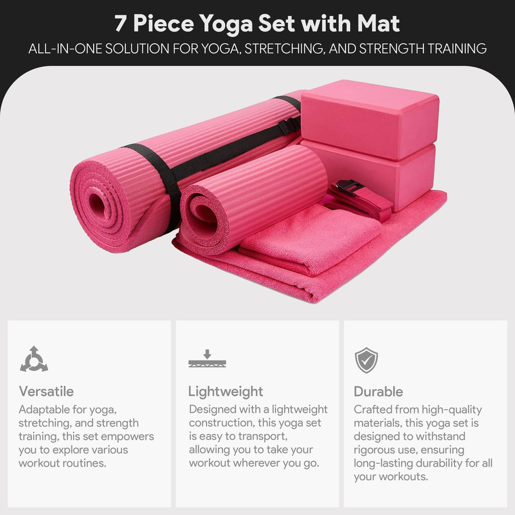 Master your yoga practice anywhere with the BalanceFrom 7-Piece Yoga Set – extra-thick mat, blocks, strap, towels, and knee pad for comfort, stability, and complete support at home or on-the-go.