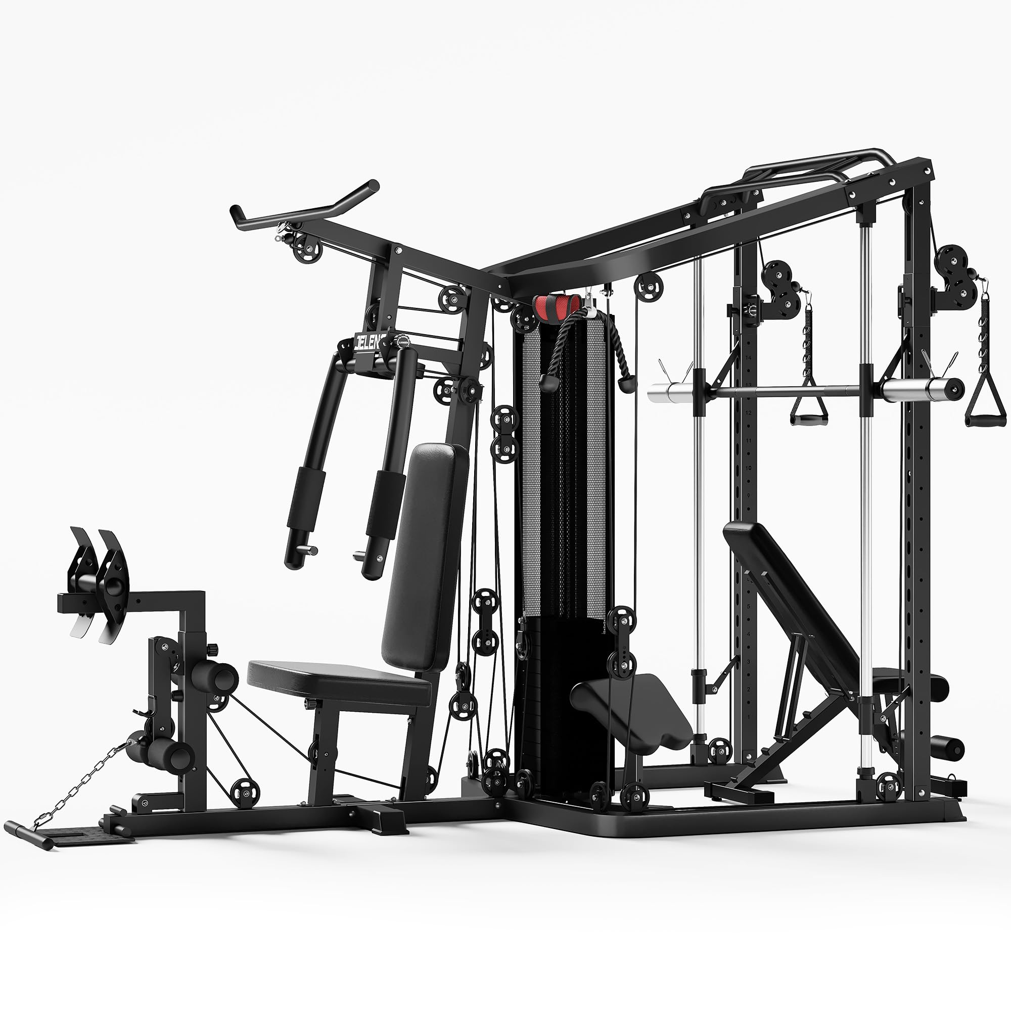 Home Gym System Workout Station, Multifunction Smith Machine with 150LB Weight Stack, Leg Press, LAT Station for Full Body Strength Training