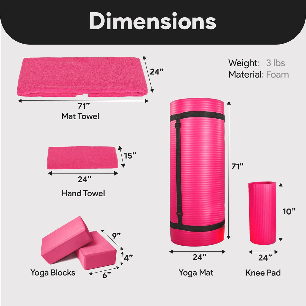 Master your yoga practice anywhere with the BalanceFrom 7-Piece Yoga Set – extra-thick mat, blocks, strap, towels, and knee pad for comfort, stability, and complete support at home or on-the-go.