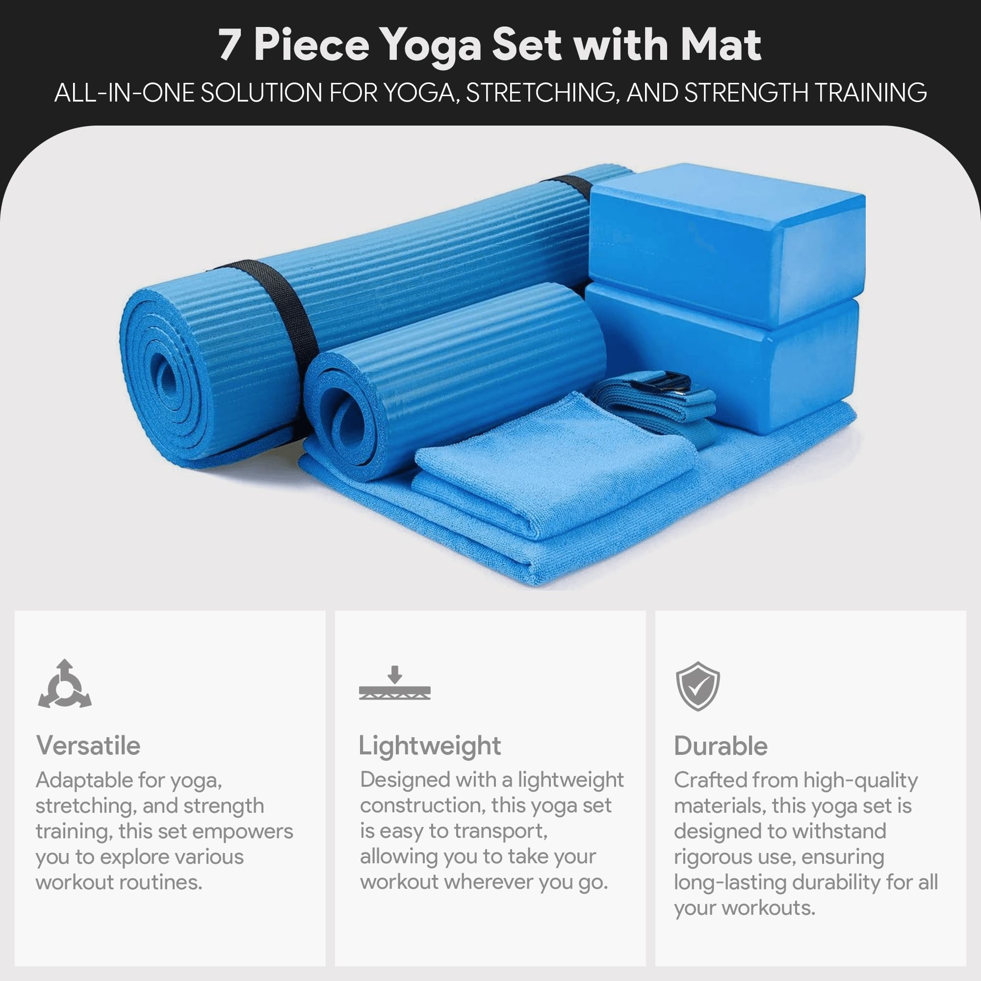 Master your yoga practice anywhere with the BalanceFrom 7-Piece Yoga Set – extra-thick mat, blocks, strap, towels, and knee pad for comfort, stability, and complete support at home or on-the-go.