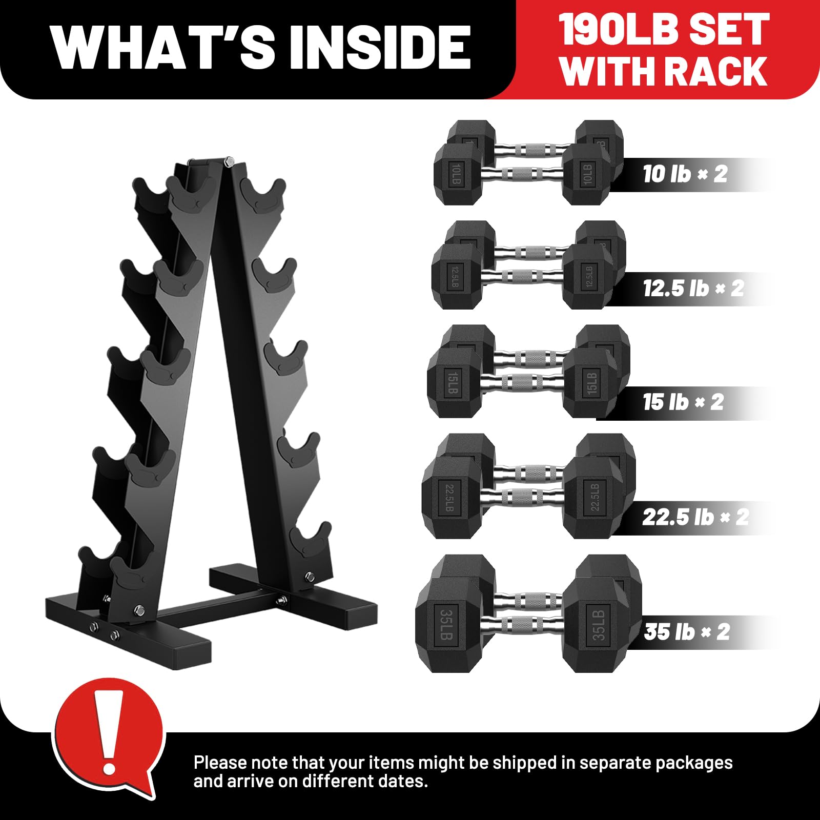 PAPABABE Dumbbell Set with Rack, Rubber Encased Hex Dumbbell Free Weights Dumbbells Set with Storage Rack, Home Weight Set