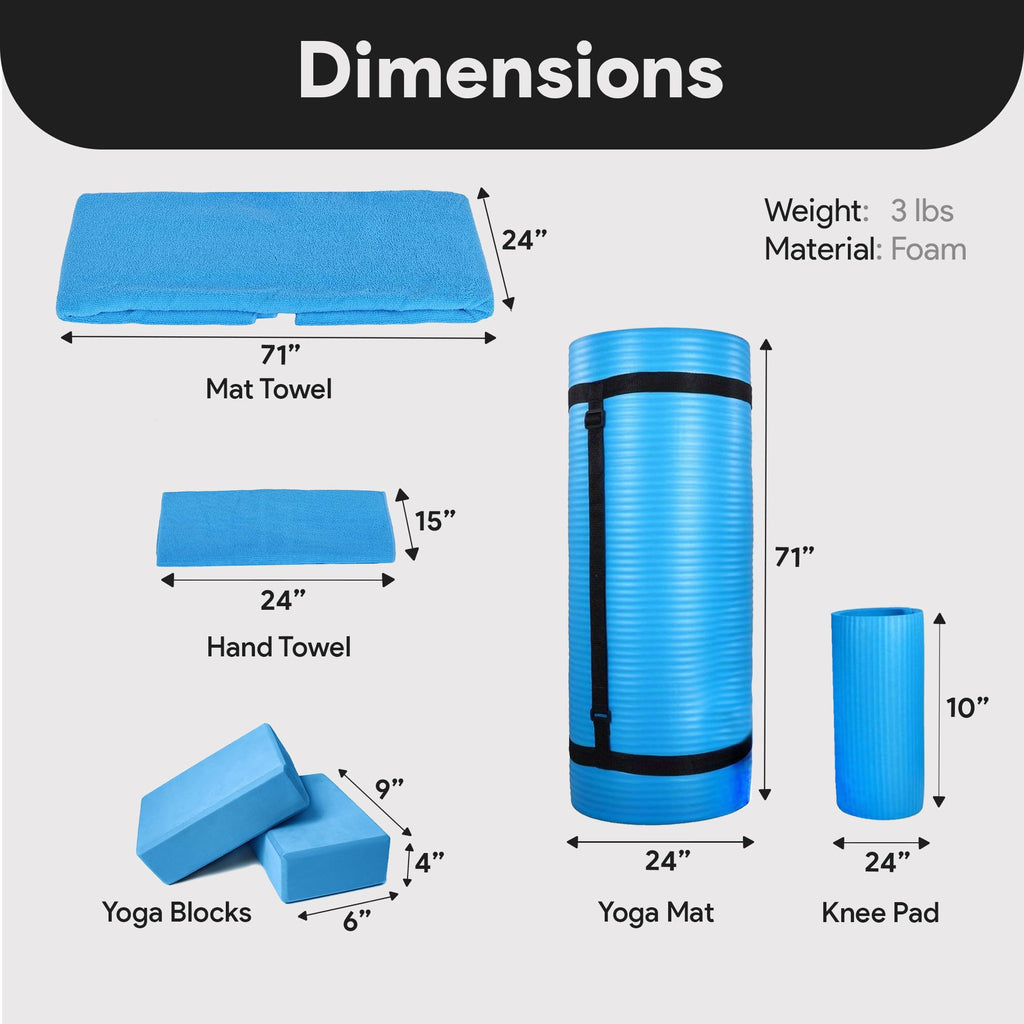 Master your yoga practice anywhere with the BalanceFrom 7-Piece Yoga Set – extra-thick mat, blocks, strap, towels, and knee pad for comfort, stability, and complete support at home or on-the-go.