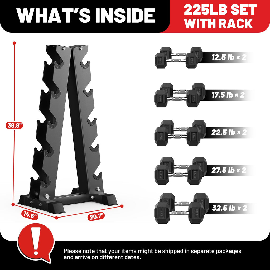 PAPABABE Dumbbell Set with Rack, Rubber Encased Hex Dumbbell Free Weights Dumbbells Set with Storage Rack, Home Weight Set