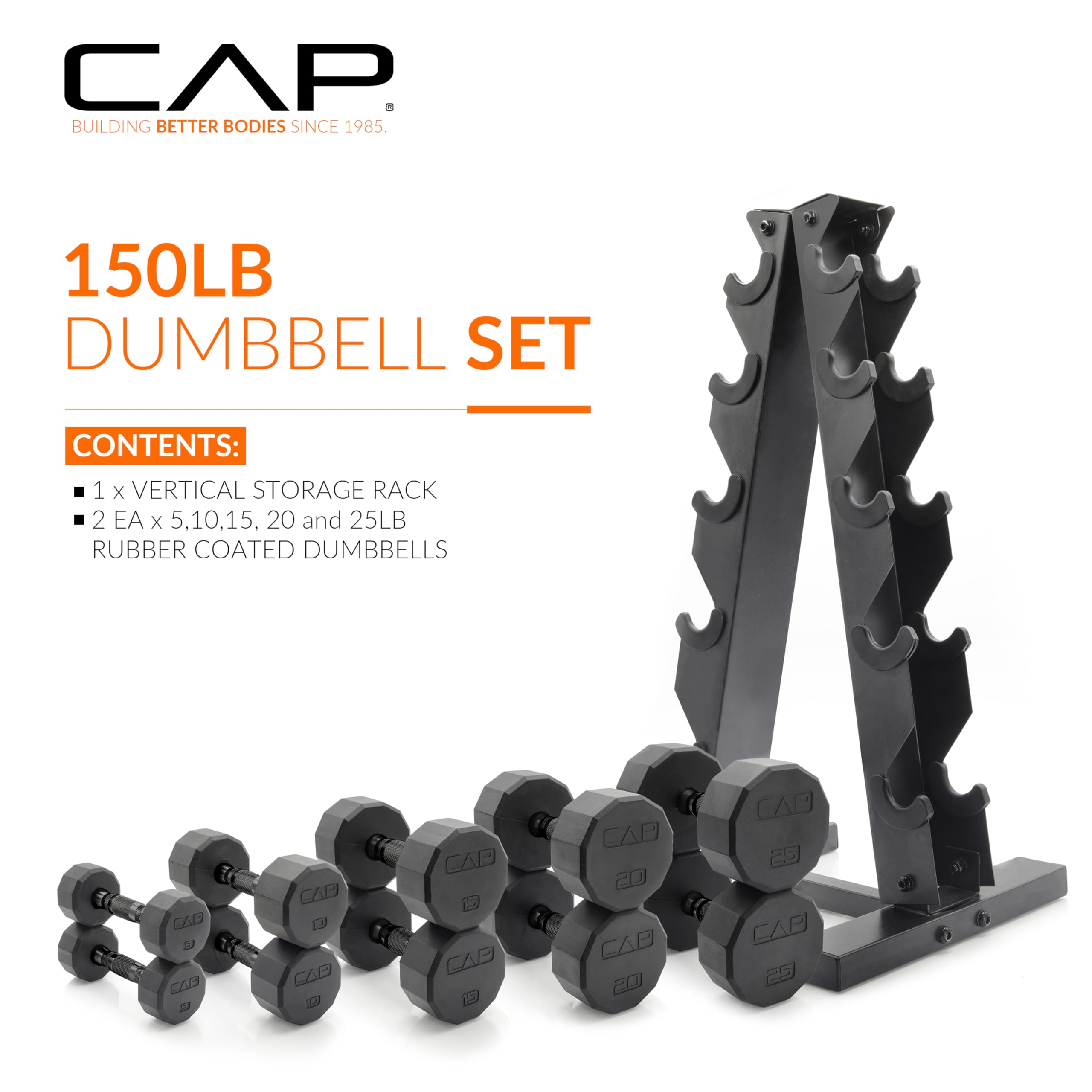 CAP Barbell Rubber Coated Dumbbell Weight Set with Vertical Rack | 100 lb, 150 lb, and 210 lb Options