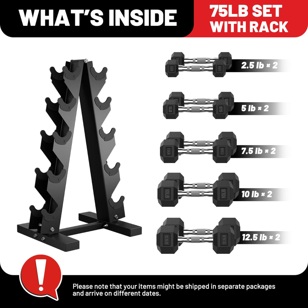 PAPABABE Dumbbell Set with Rack, Rubber Encased Hex Dumbbell Free Weights Dumbbells Set with Storage Rack, Home Weight Set