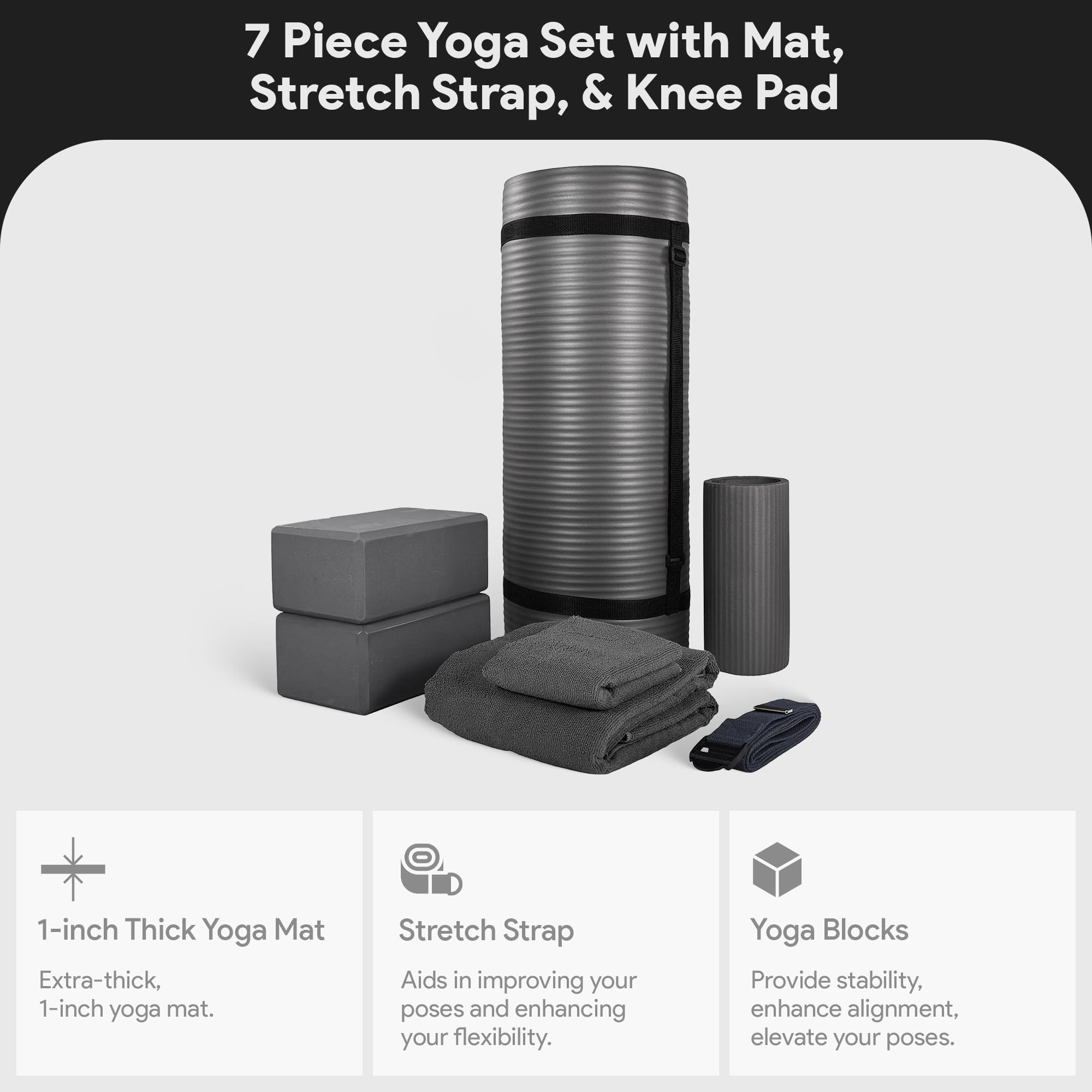 Master your yoga practice anywhere with the BalanceFrom 7-Piece Yoga Set – extra-thick mat, blocks, strap, towels, and knee pad for comfort, stability, and complete support at home or on-the-go.