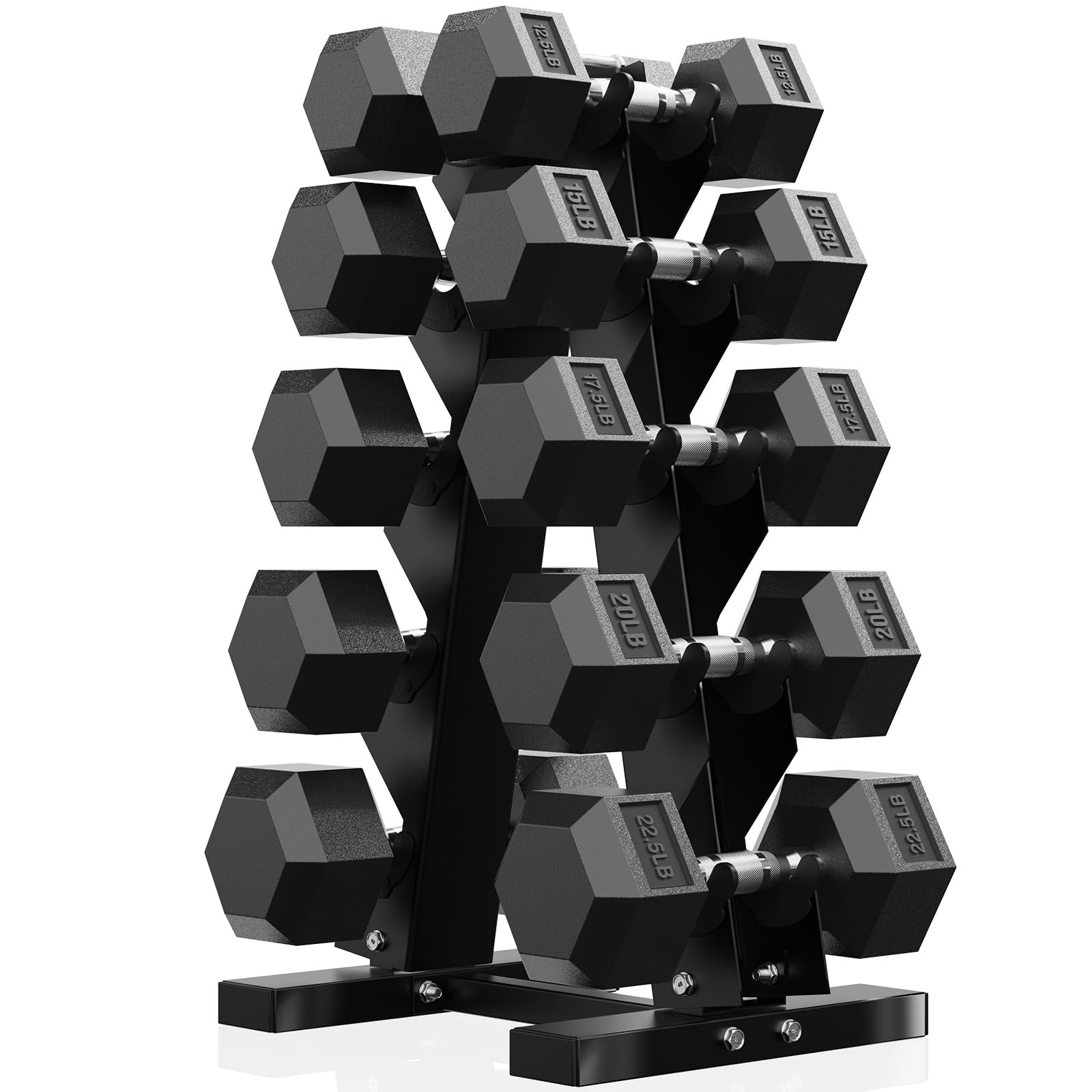 PAPABABE Dumbbell Set with Rack, Rubber Encased Hex Dumbbell Free Weights Dumbbells Set with Storage Rack, Home Weight Set