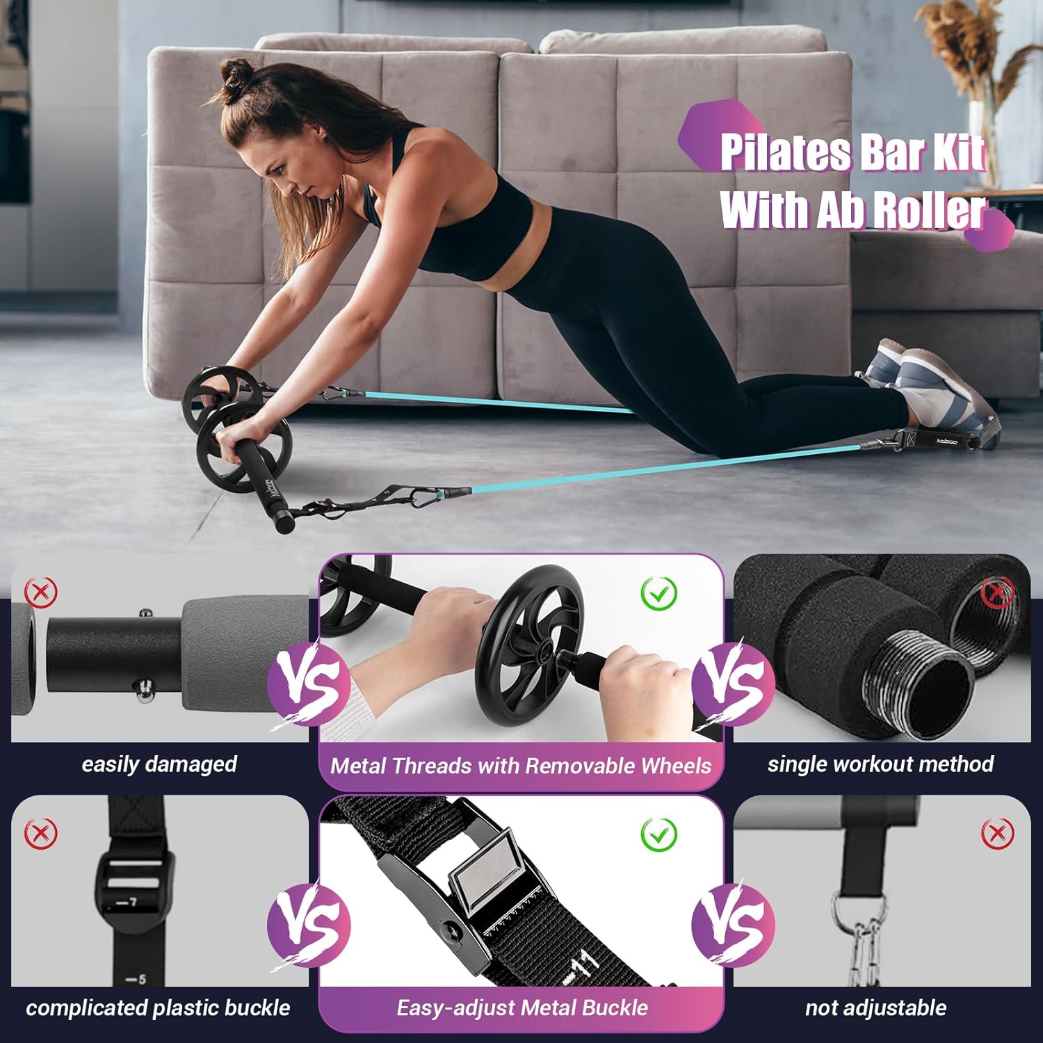 Tone your entire body anywhere with this multifunctional Pilates Bar Kit—complete with resistance bands and ab roller for sculpting, strengthening, and weight-loss workouts at home or on the go.