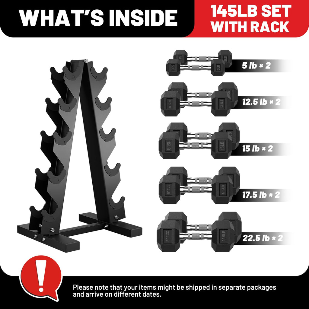 PAPABABE Dumbbell Set with Rack, Rubber Encased Hex Dumbbell Free Weights Dumbbells Set with Storage Rack, Home Weight Set