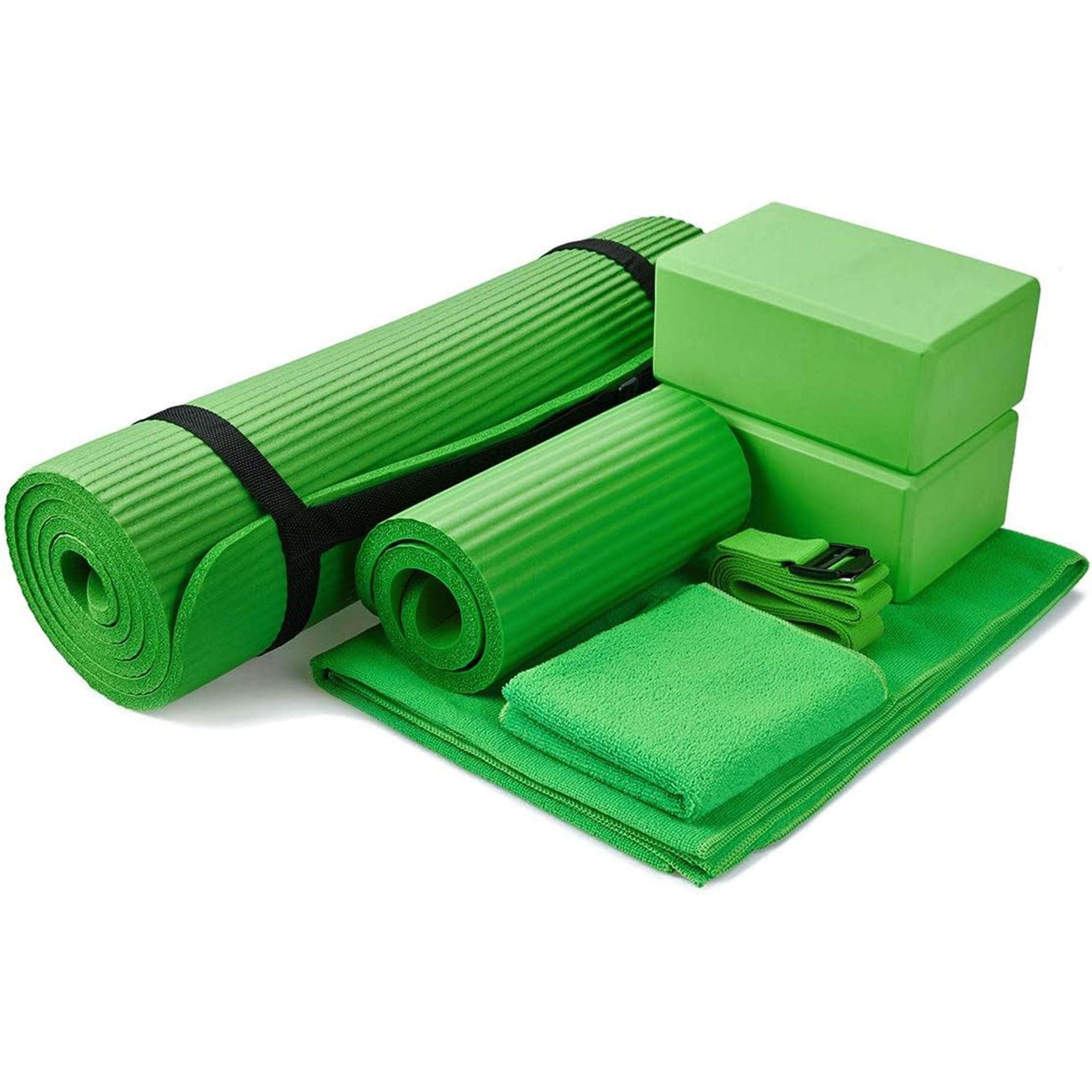 Master your yoga practice anywhere with the BalanceFrom 7-Piece Yoga Set – extra-thick mat, blocks, strap, towels, and knee pad for comfort, stability, and complete support at home or on-the-go.