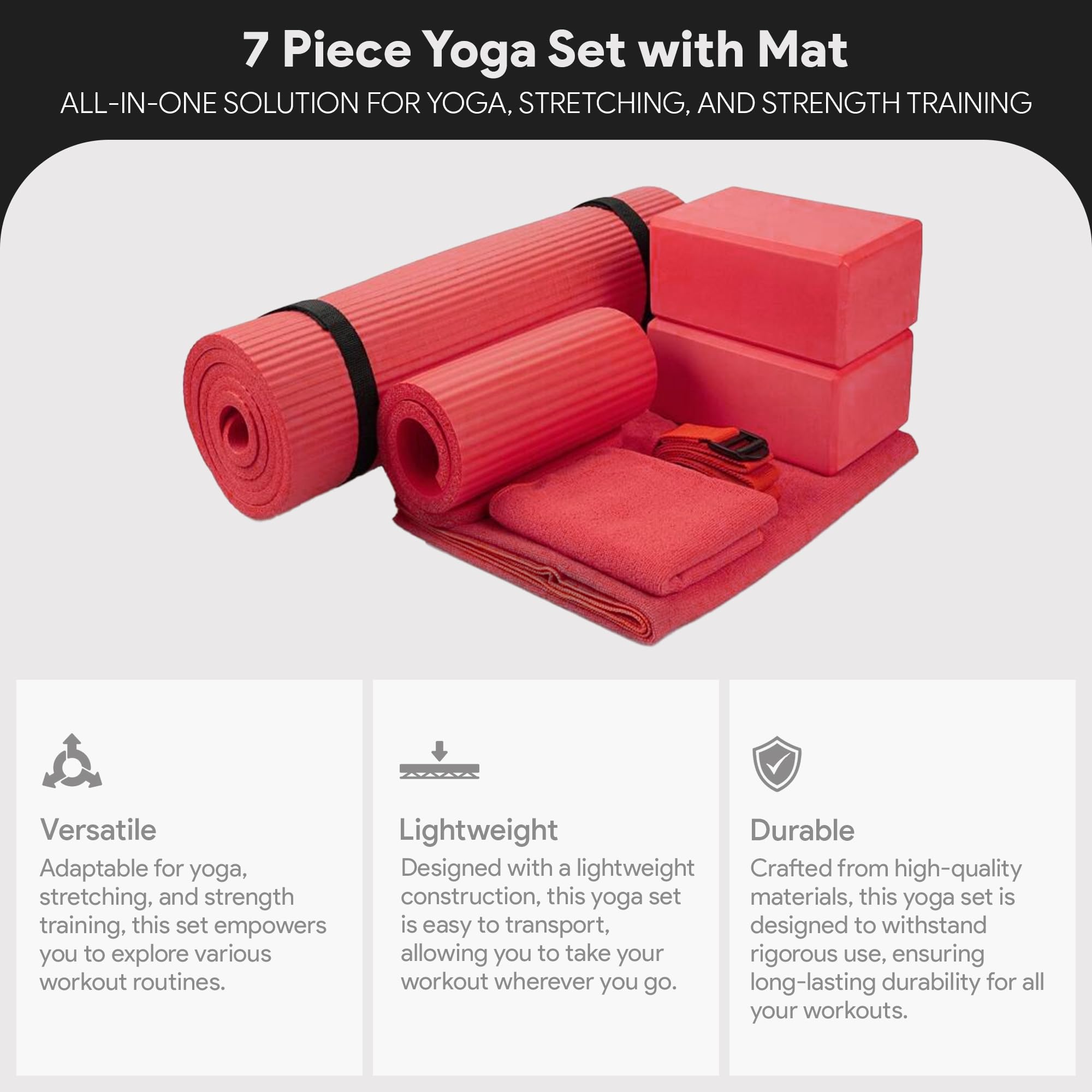 Master your yoga practice anywhere with the BalanceFrom 7-Piece Yoga Set – extra-thick mat, blocks, strap, towels, and knee pad for comfort, stability, and complete support at home or on-the-go.