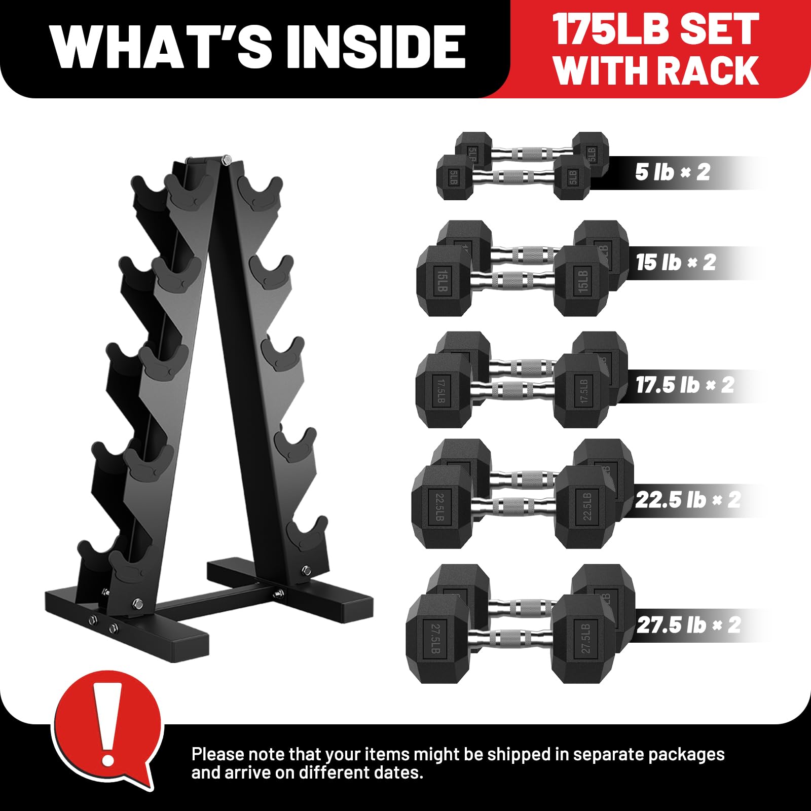 PAPABABE Dumbbell Set with Rack, Rubber Encased Hex Dumbbell Free Weights Dumbbells Set with Storage Rack, Home Weight Set