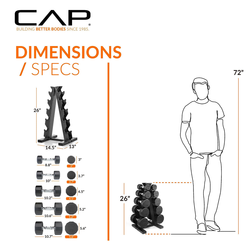 CAP Barbell Rubber Coated Dumbbell Weight Set with Vertical Rack | 100 lb, 150 lb, and 210 lb Options