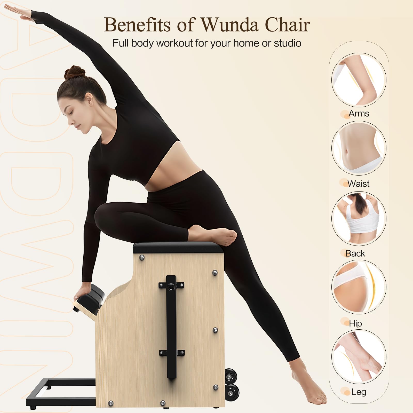 Transform your home into a professional Pilates studio—build strength, improve posture, and sculpt your entire body with smooth, controlled movements on this compact, studio-quality Wunda Chair.