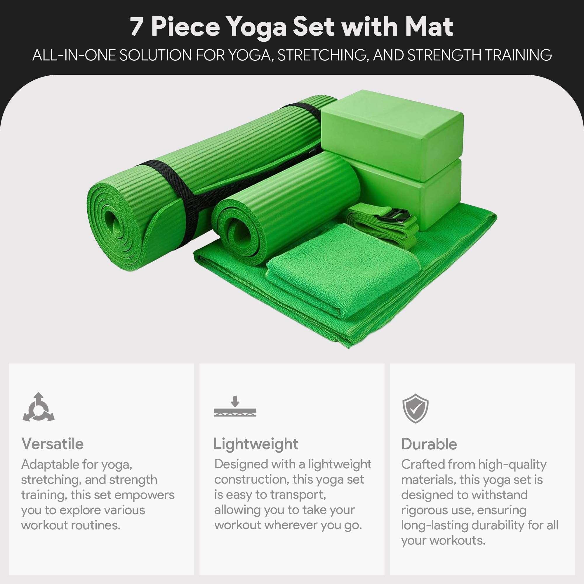 Master your yoga practice anywhere with the BalanceFrom 7-Piece Yoga Set – extra-thick mat, blocks, strap, towels, and knee pad for comfort, stability, and complete support at home or on-the-go.