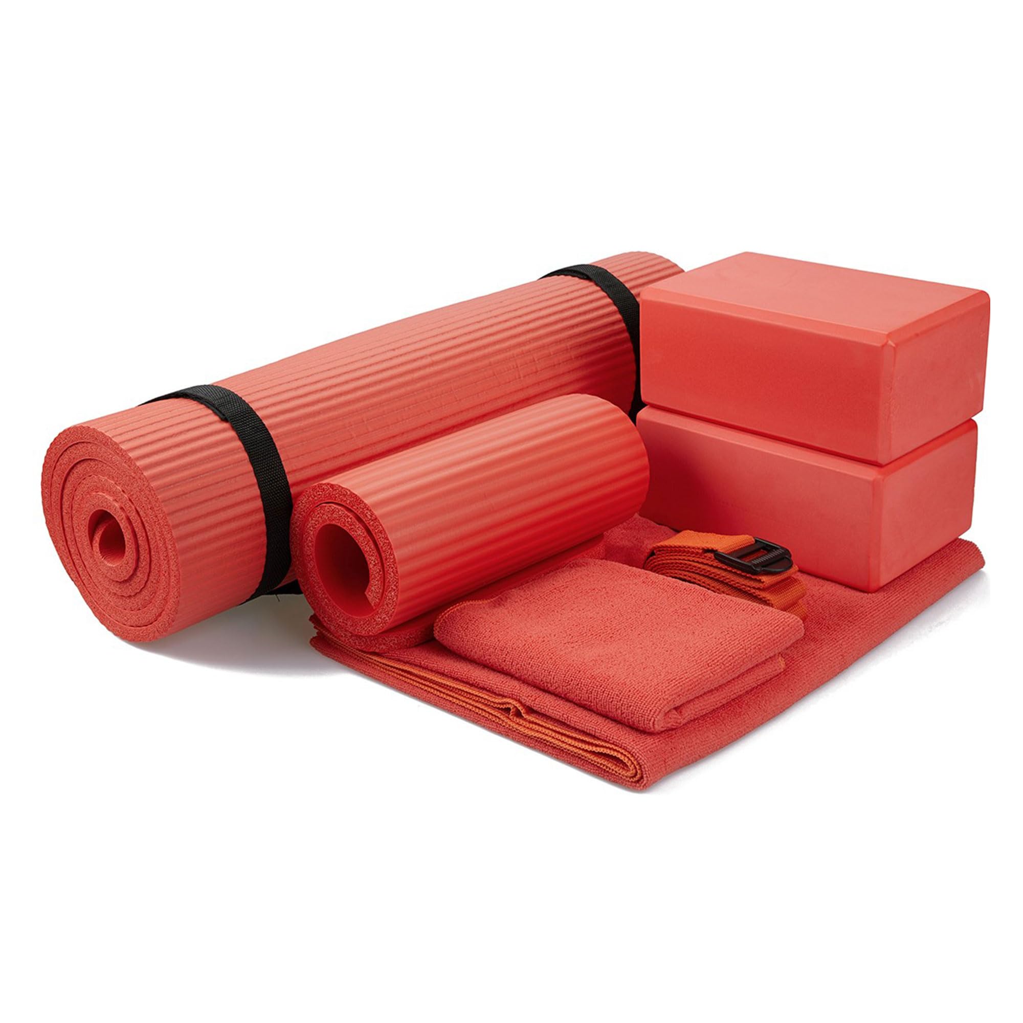 Master your yoga practice anywhere with the BalanceFrom 7-Piece Yoga Set – extra-thick mat, blocks, strap, towels, and knee pad for comfort, stability, and complete support at home or on-the-go.
