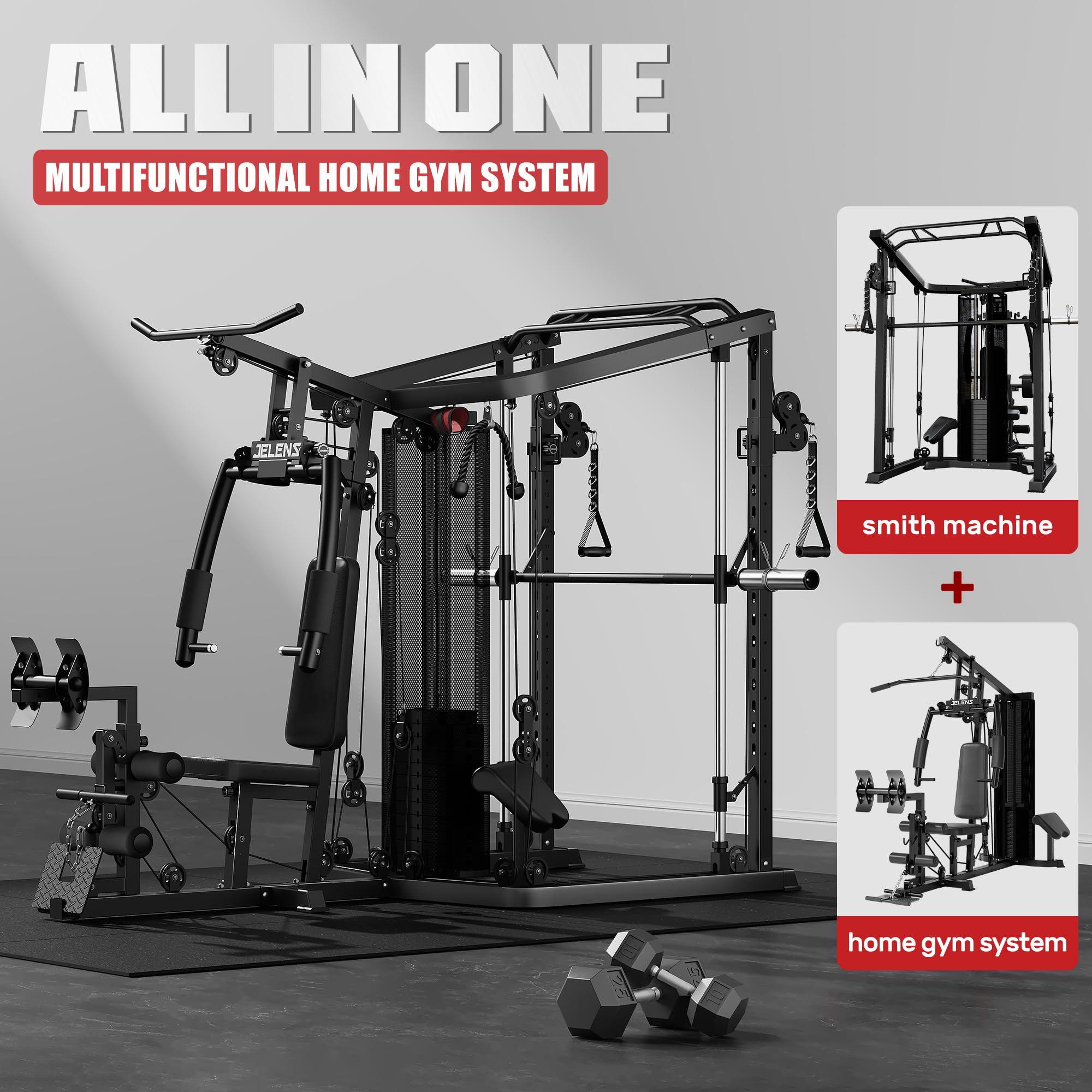 Achieve full-body strength at home with the JELENS Smith Machine & Gym System—durable, versatile, and quiet, offering progressive resistance, multi-station workouts, and family-friendly performance in one compact setup.