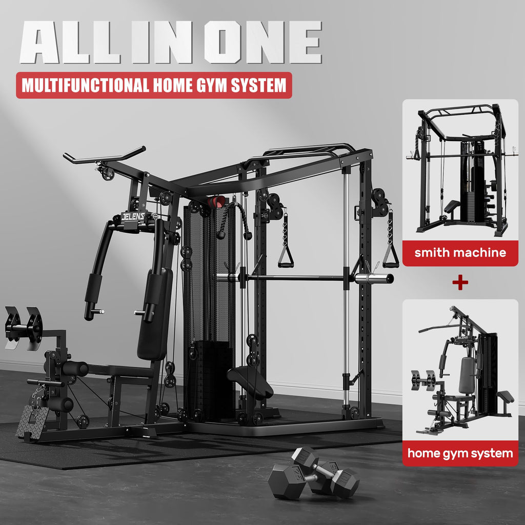 Achieve full-body strength at home with the JELENS Smith Machine & Gym System—durable, versatile, and quiet, offering progressive resistance, multi-station workouts, and family-friendly performance in one compact setup.