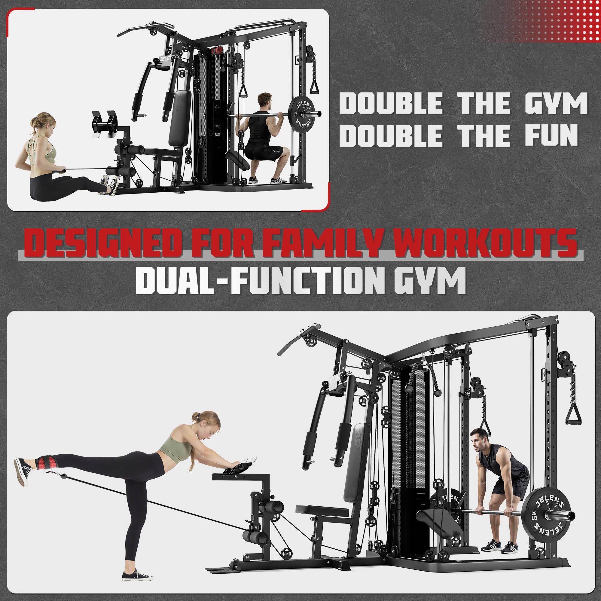 Achieve full-body strength at home with the JELENS Smith Machine & Gym System—durable, versatile, and quiet, offering progressive resistance, multi-station workouts, and family-friendly performance in one compact setup.