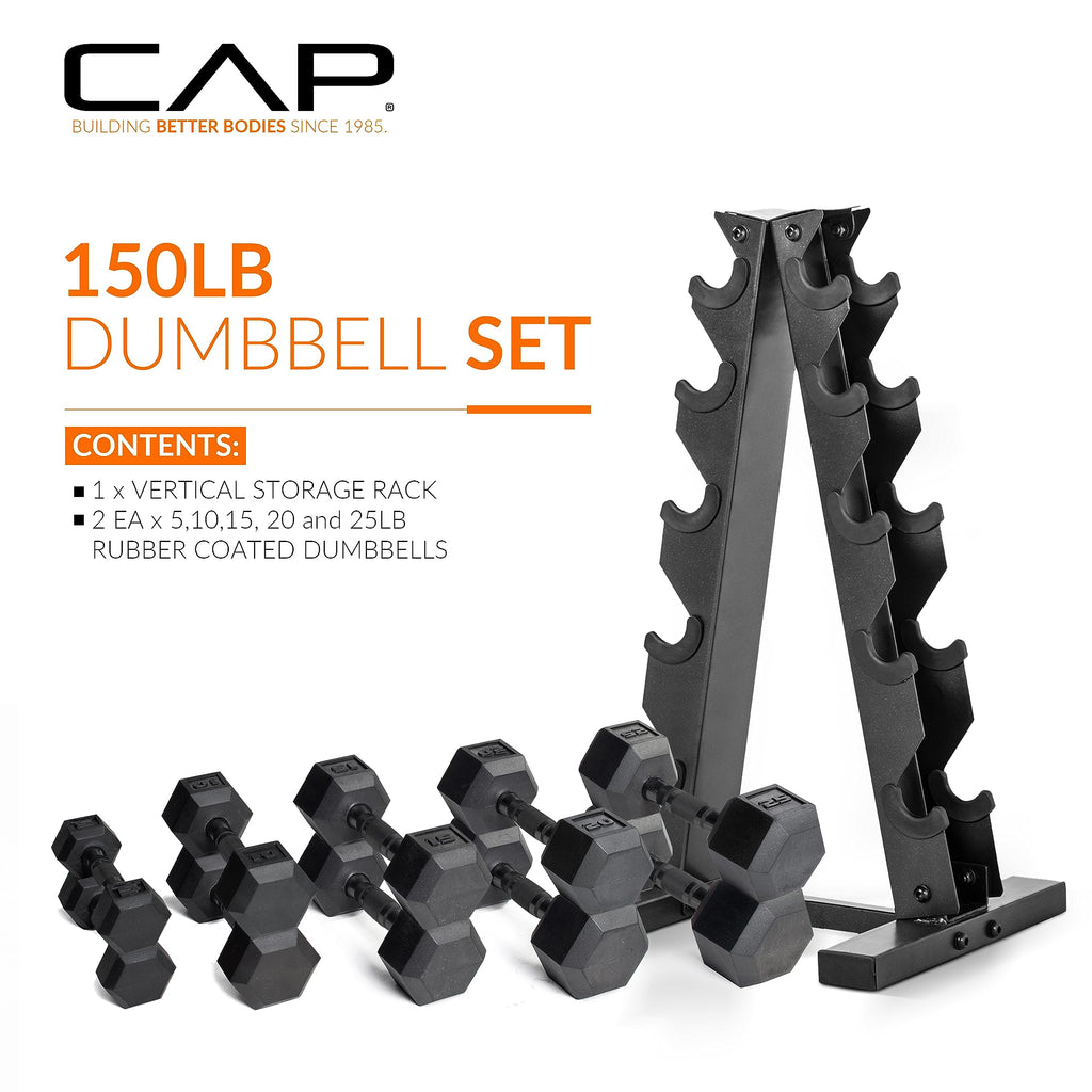 CAP Barbell Rubber Coated Dumbbell Weight Set with Vertical Rack | 100 lb, 150 lb, and 210 lb Options