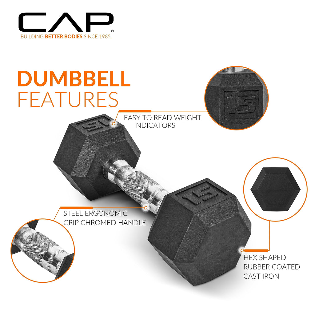 CAP Barbell Rubber Coated Dumbbell Weight Set with Vertical Rack | 100 lb, 150 lb, and 210 lb Options