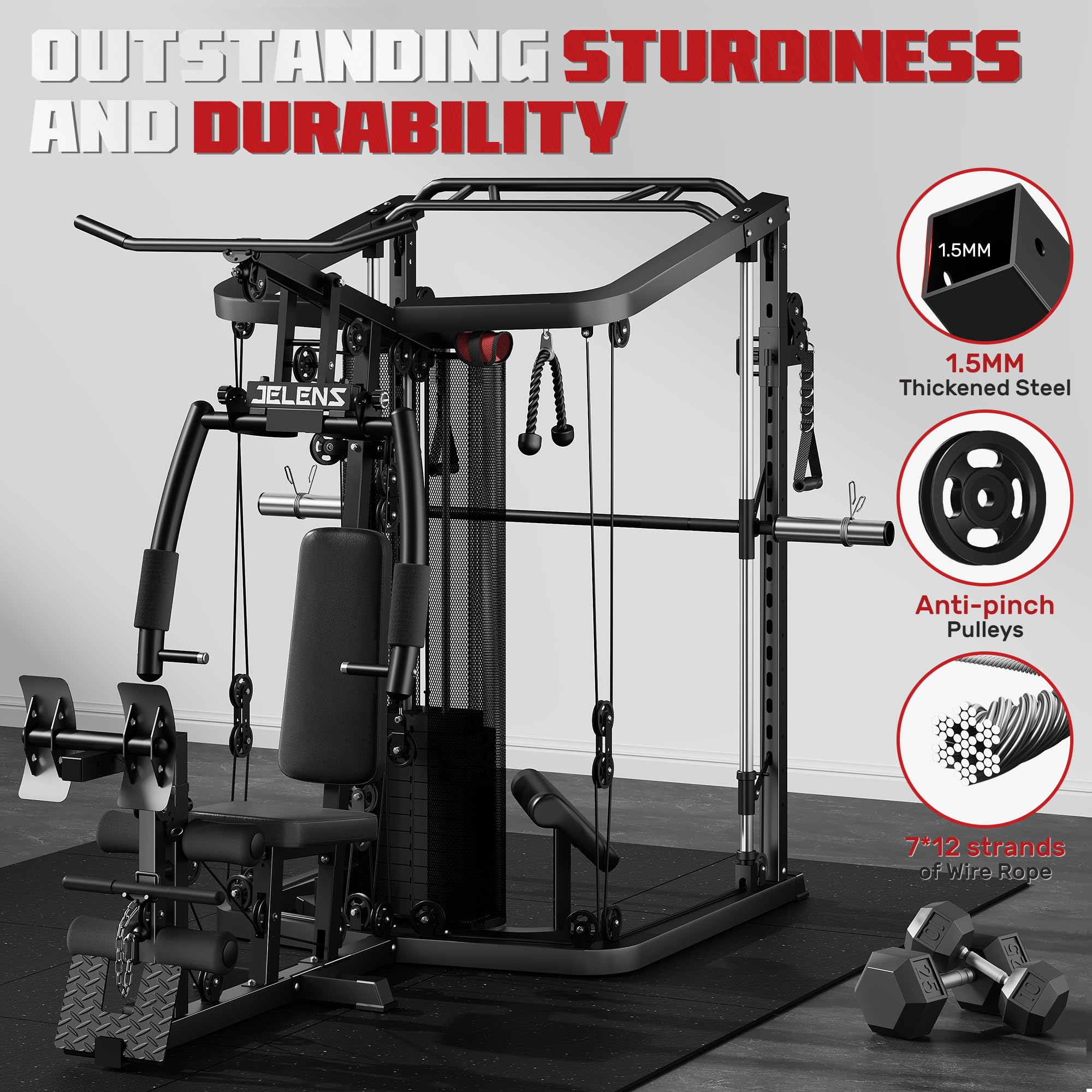 Achieve full-body strength at home with the JELENS Smith Machine & Gym System—durable, versatile, and quiet, offering progressive resistance, multi-station workouts, and family-friendly performance in one compact setup.