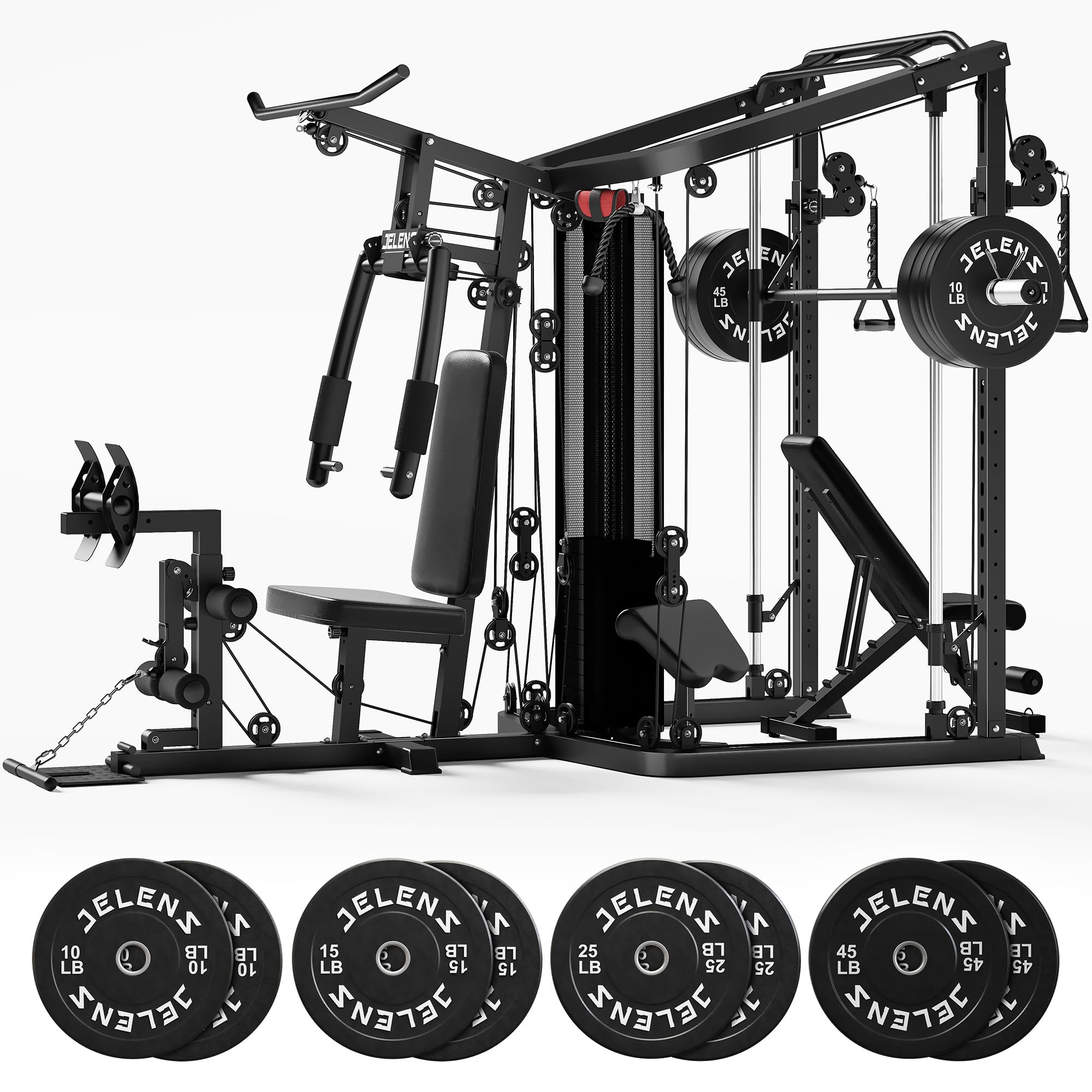 Home Gym System Workout Station, Multifunction Smith Machine with 150LB Weight Stack, Leg Press, LAT Station for Full Body Strength Training