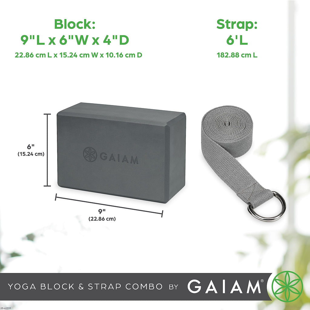 nhance stability, balance, and flexibility with the Gaiam Yoga Block & Strap Combo – durable, non-slip foam block and cotton strap help deepen stretches and safely modify poses for all skill levels.