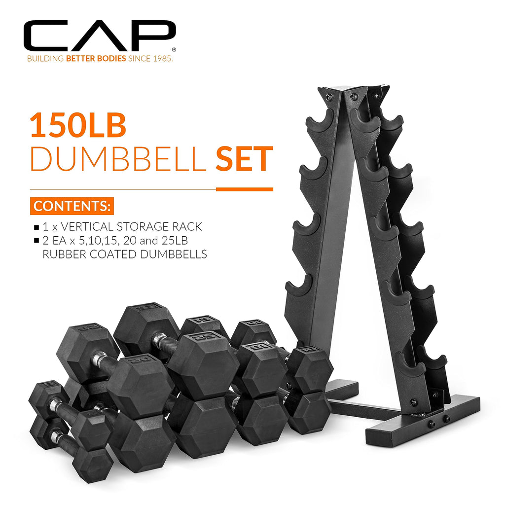 CAP Barbell Rubber Coated Dumbbell Weight Set with Vertical Rack | 100 lb, 150 lb, and 210 lb Options
